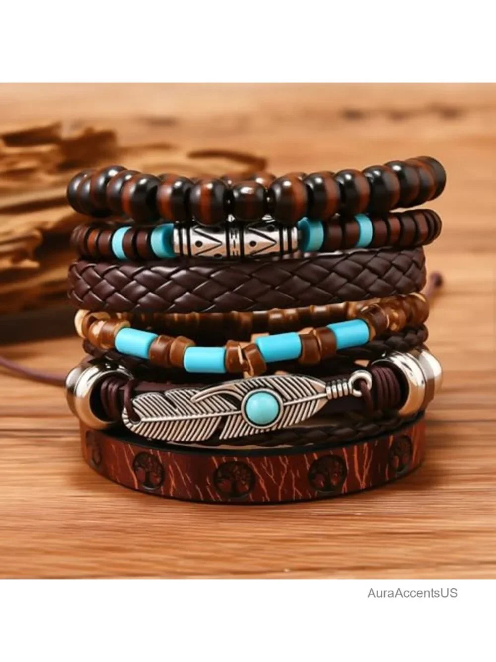 Faux Leather Turquoise Beaded Western Cuff Bracelet for Women Men Bohemian